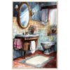 Diseño artístico de baño vintage con lavamanos de madera y espejo ovalado decorado con flores naturales en macetas alt text.
