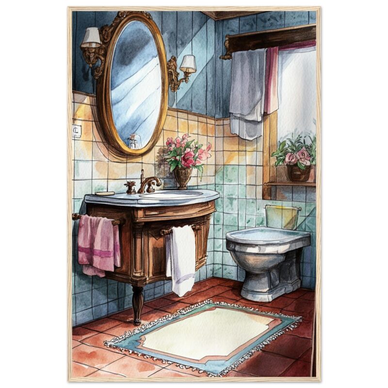Diseño artístico de baño vintage con lavamanos de madera y espejo ovalado decorado con flores naturales en macetas alt text.