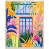 Ventana colorida con plantas tropicales y flores en estilo ilustración moderna.