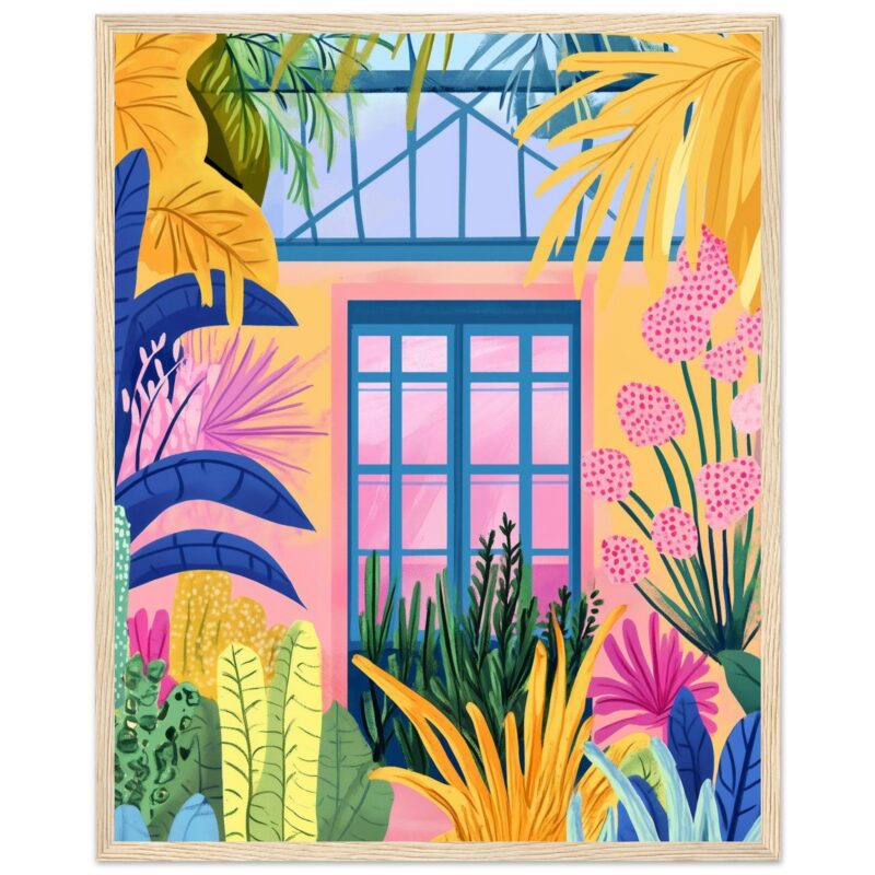 Ventana colorida con plantas tropicales y flores en estilo ilustración moderna.