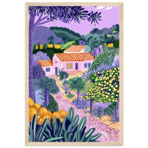 Colorida pintura de paisaje campestre con casas, árboles y vegetación en tonos violetas y verdes.