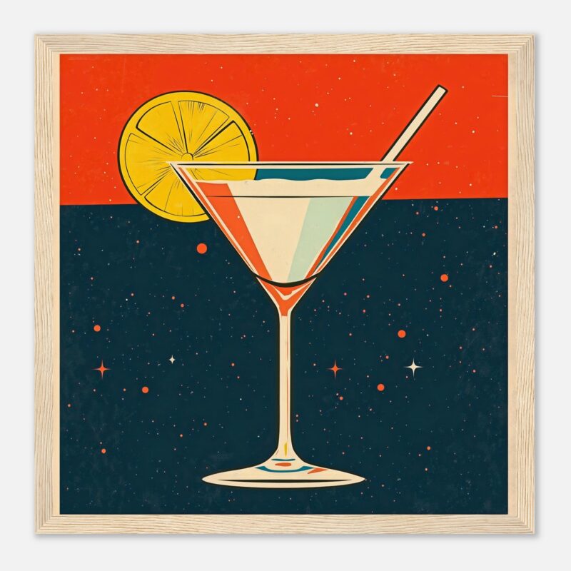 Copa de cóctel con limón y fondo estrellado, estilo artístico moderno y vibrante.