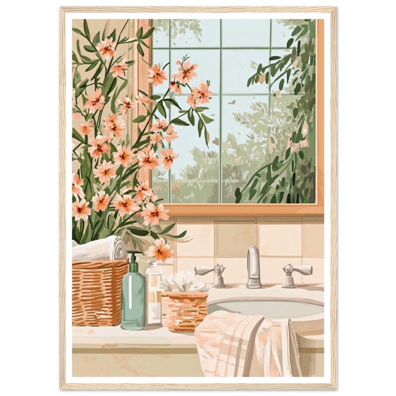 Hermosa ilustración de un baño con plantas y flores en la ventana, estilo artístico digital de Digiart Studio.
