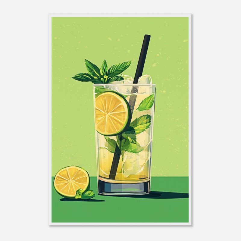 Refresco de limón con menta en vaso alto, ilustración moderna y vibrante.