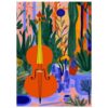 Archivo: fondo pajarera con violín color naranja y plantas verdes y azules, arte moderno.