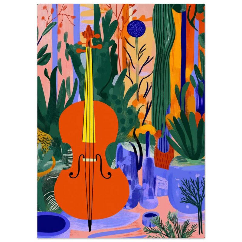 Archivo: fondo pajarera con violín color naranja y plantas verdes y azules, arte moderno.