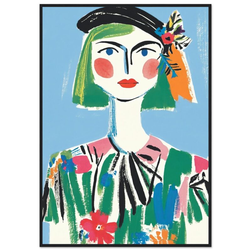 Joven mujer con peinado verde, rojo y rosa, estilo arte abstracto y colorido, diseño moderno en lienzo para decoración artística.