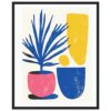 Vaso con planta y formas abstractas en colores azul, amarillo y rosa. Diseño moderno y artístico para decoración.