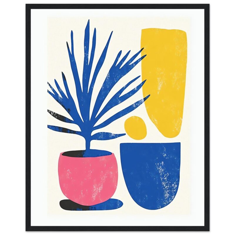 Vaso con planta y formas abstractas en colores azul, amarillo y rosa. Diseño moderno y artístico para decoración.