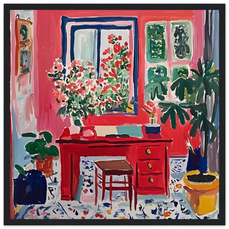 Colores vivos y naturaleza en interior decorado con plantas y mueble rojo, estilo pintura moderna.