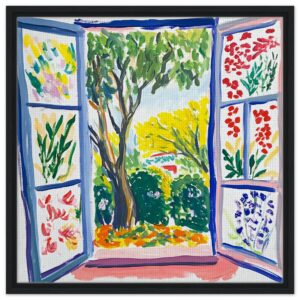 Jardín visto desde una ventana con árboles y flores coloridas en estilo pintado a mano.