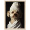 Perro con toalla elegante en fondo negro, imagen de diseño de mascotas para cuadros, retrato de perro en estilo artístico, cuadro decorativo para mascotas, relevancia alta.