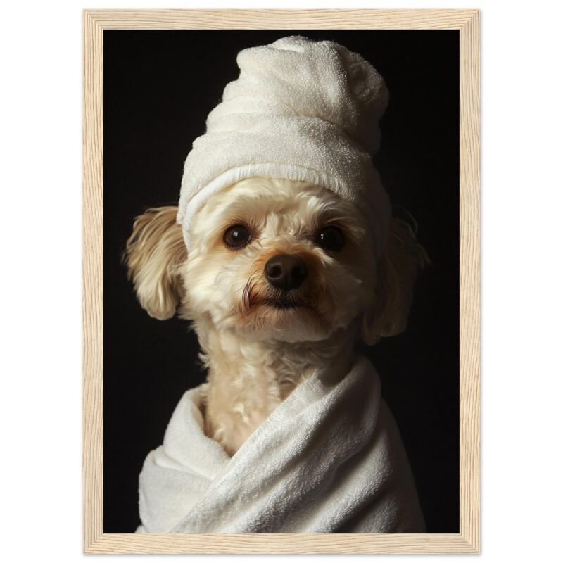 Perro con toalla elegante en fondo negro, imagen de diseño de mascotas para cuadros, retrato de perro en estilo artístico, cuadro decorativo para mascotas, relevancia alta.