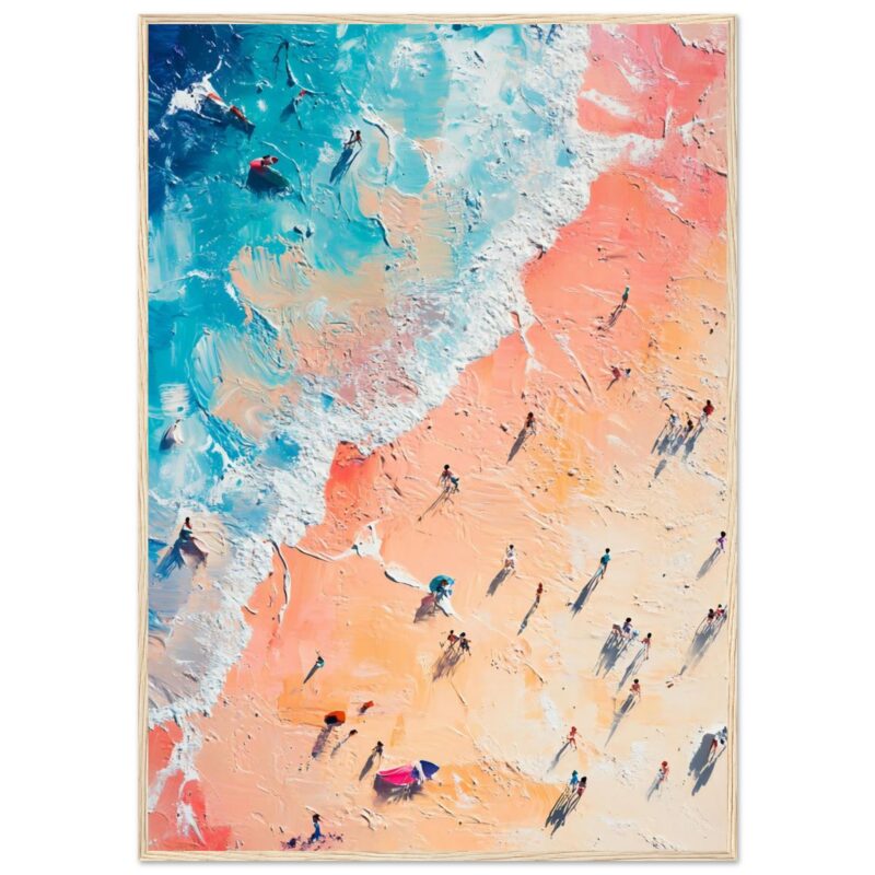 Playa con gente y sombrillas, estilo pintura abstracta, arte digital, decoración de interiores, obra moderna de Digiart Studio.