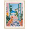 Colorido cuadro de una vista al mar desde una terraza con plantas, estilo vibrante y contemporáneo en decoración artística.