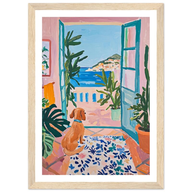 Colorido cuadro de una vista al mar desde una terraza con plantas, estilo vibrante y contemporáneo en decoración artística.