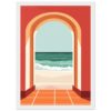 At alt: Ventana con vista al mar, escena de playa y olas en estilo digital moderno.