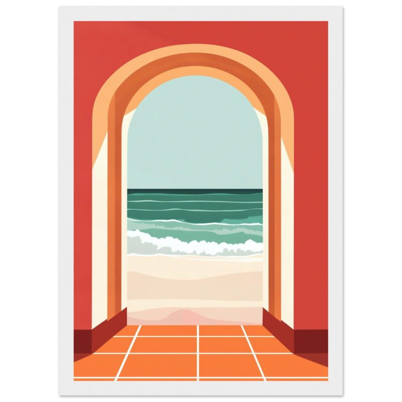 At alt: Ventana con vista al mar, escena de playa y olas en estilo digital moderno.