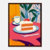 Silueta de pastel de zanahoria con glaseado y frutos rojos, servido en plato sobre mesa colorida, ilustración artística moderna.