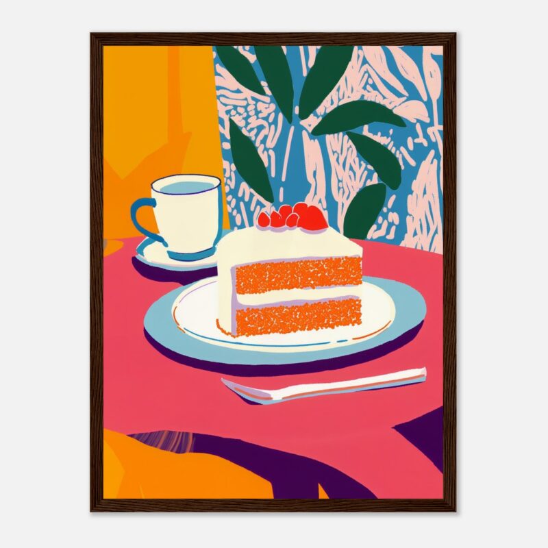 Silueta de pastel de zanahoria con glaseado y frutos rojos, servido en plato sobre mesa colorida, ilustración artística moderna.