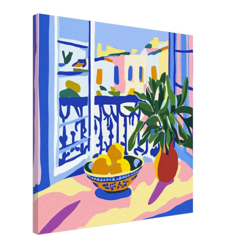 Vivienda colorida con balcón y maceta de plantas, estilo artístico moderno y vibrante.