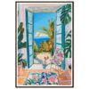 Puerta abierta con vista al mar y plantas tropicales, estilo pintura colorida y vibrante.