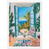 Puerta balcón con vista al mar y plantas tropicales, decoración artística en estilo vibrante.