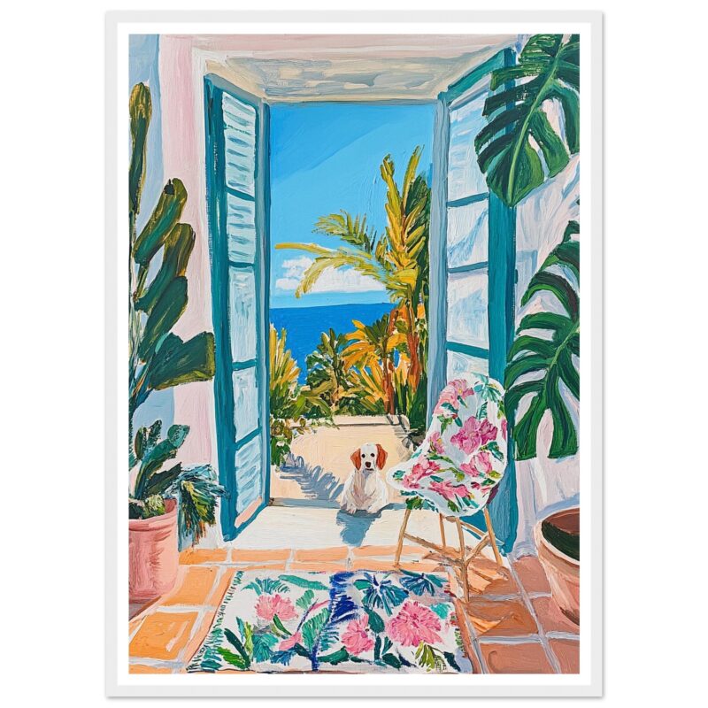 Puerta balcón con vista al mar y plantas tropicales, decoración artística en estilo vibrante.
