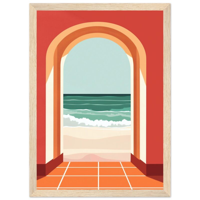 Ventana con vista al mar, ilustración digital de estilo minimalista y moderno.