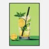 Refresco de limón y menta en vaso con hielo y sorbente negro en fondo verde brillante.