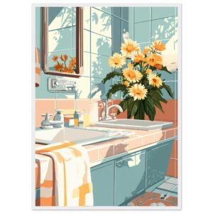 Jarrón con flores en el lavabo, ambiente de baño luminoso y decorativo, estilo artístico digital de diseño interior.