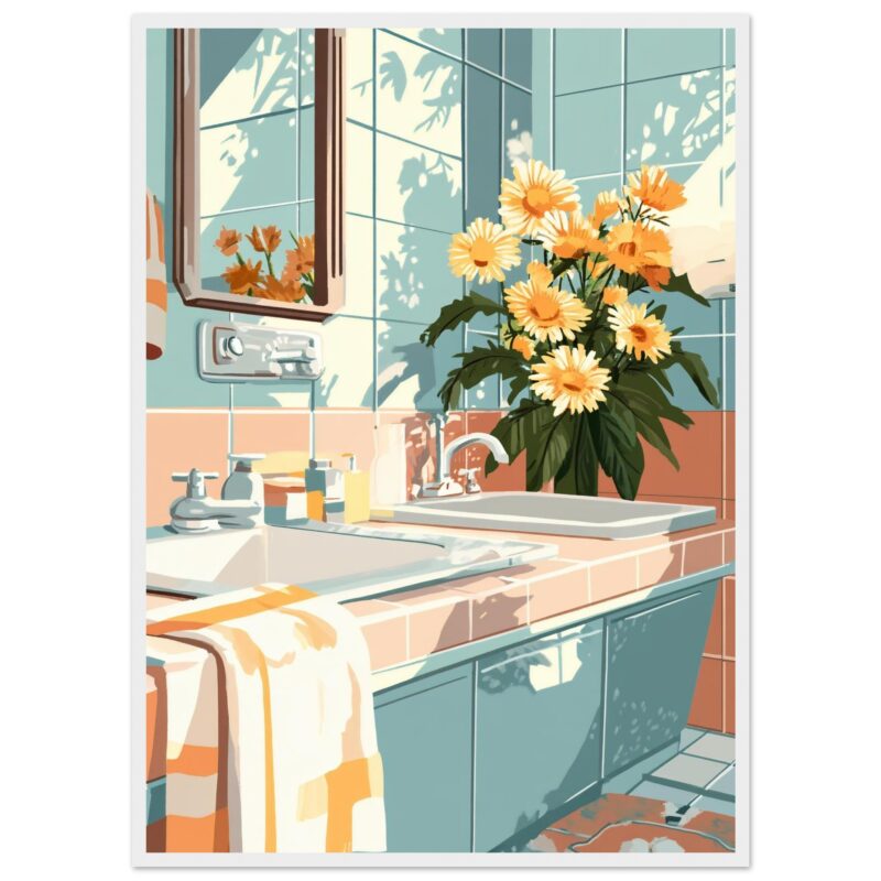 056000ba-60a6-470d-a08c-29e28e684260.jpg Jarrón con flores en el lavabo, ambiente de baño luminoso y decorativo, estilo artístico digital de diseño interior.