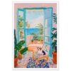 Puerta de patio con vista al mar, plantas y perro en estilo pintura artística colorida.
