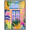 Ventana rodeada de plantas tropicales de colores vibrantes, estilo artístico digital moderno para decoración.