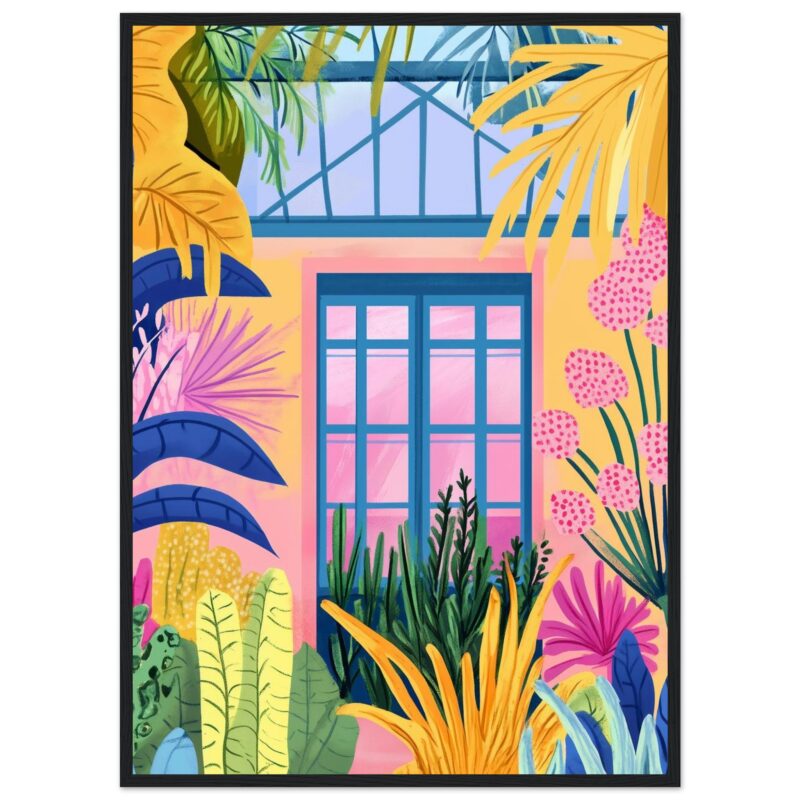 Ventana rodeada de plantas tropicales de colores vibrantes, estilo artístico digital moderno para decoración.
