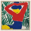 Arte moderna con figura femenina en colores vibrantes y fondo de hojas verdes, estilo abstracto y contemporáneo.
