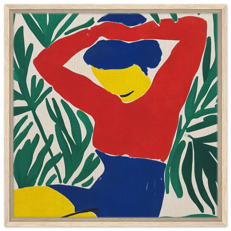 Arte moderna con figura femenina en colores vibrantes y fondo de hojas verdes, estilo abstracto y contemporáneo.