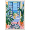 Ventanas abiertas con vista al mar y plantas tropicales, estilo pintura moderna, en interior colorido y alegre.