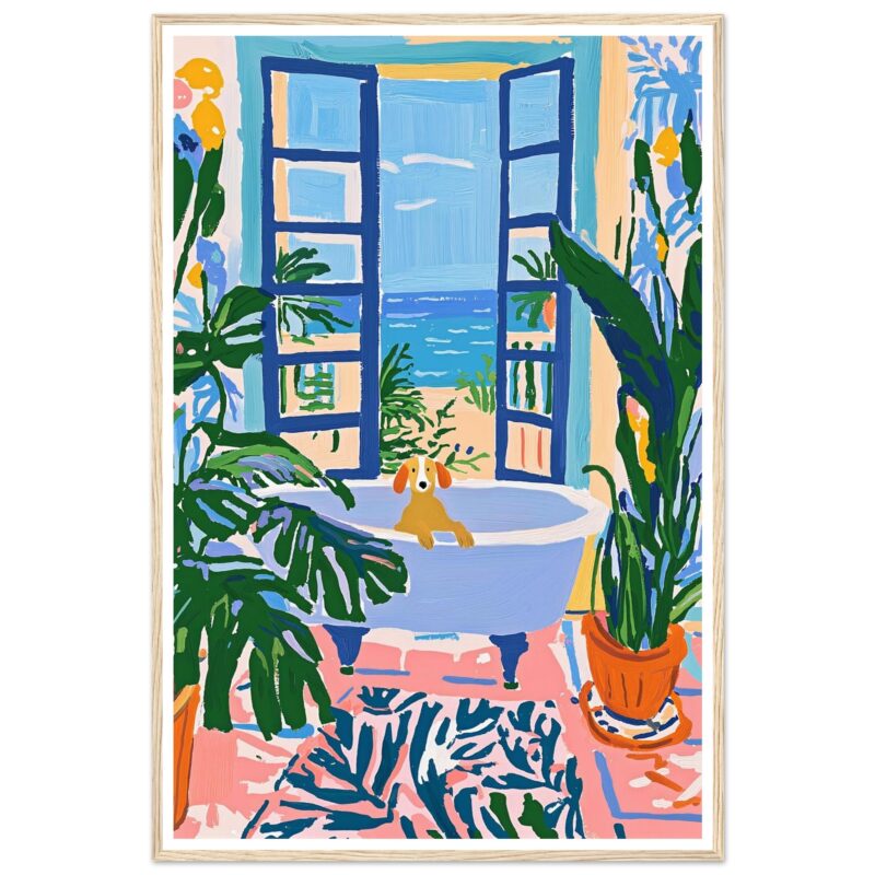 Ventanas abiertas con vista al mar y plantas tropicales, estilo pintura moderna, en interior colorido y alegre.