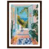 Puerta abierta con vista al mar, plantas tropicales y perro en estilo pintura acrílica, decoración artística para hogar y oficina.
