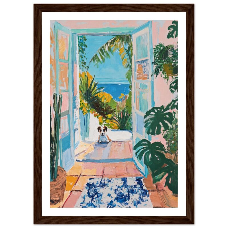 Puerta abierta con vista al mar, plantas tropicales y perro en estilo pintura acrílica, decoración artística para hogar y oficina.