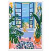 Mural de pintura digital de un atardecer en la playa visto desde una ventana, con vegetación exuberante y un perro en la bañera.