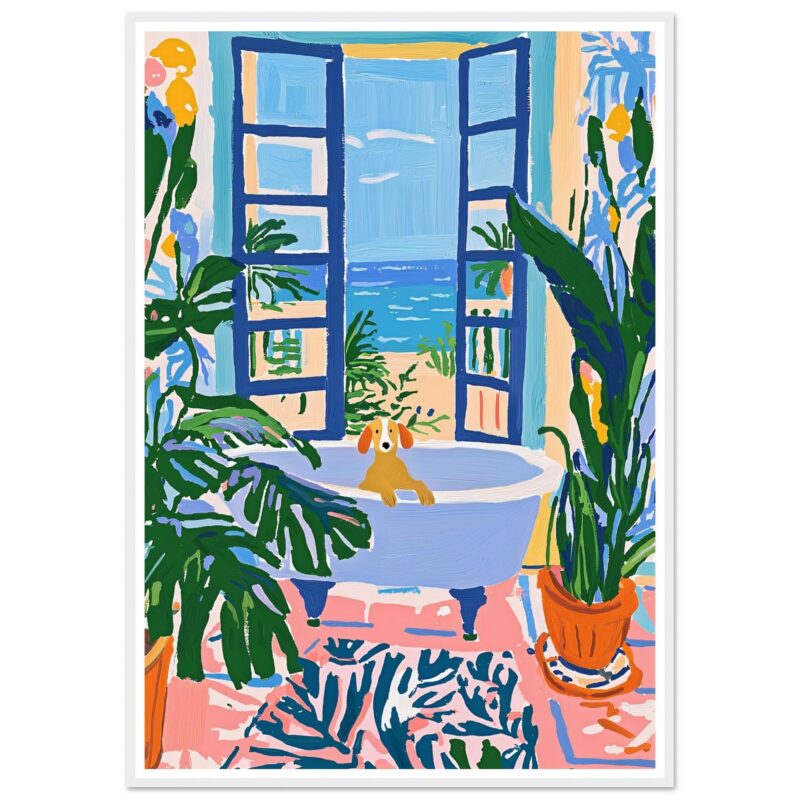 Mural de pintura digital de un atardecer en la playa visto desde una ventana, con vegetación exuberante y un perro en la bañera.