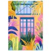 Ventana tropical rodeada de plantas coloridas y exuberantes, estilo ilustración moderna y vibrante.