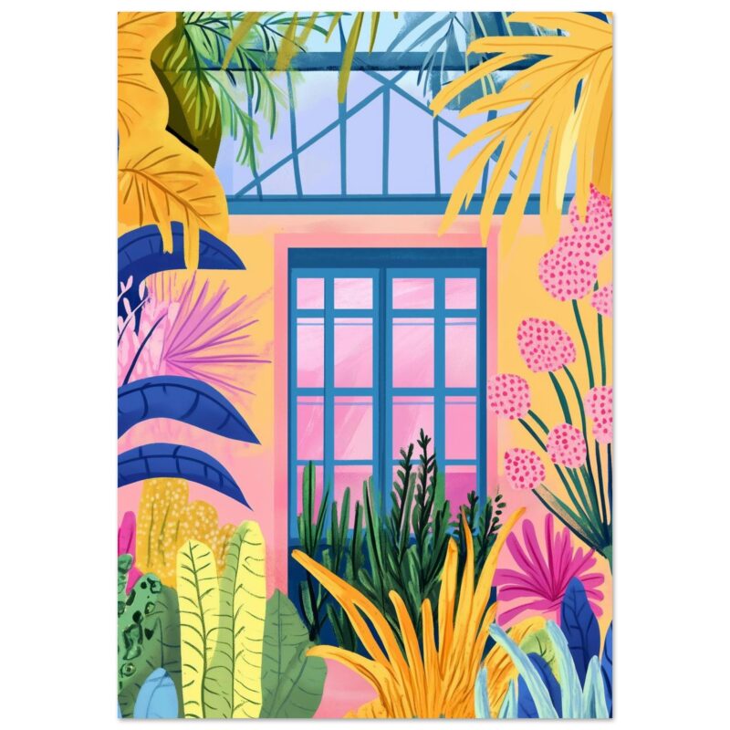 Ventana tropical rodeada de plantas coloridas y exuberantes, estilo ilustración moderna y vibrante.