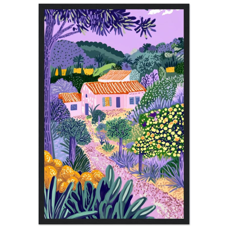 Colores vibrantes en pintura de Paisaje Rural con casas y vegetación.