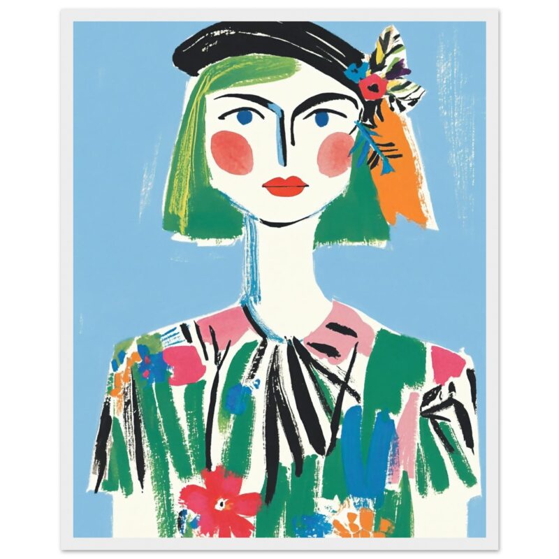 Retrato artístico de mujer con estilo moderno y colores vibrantes, ilustración digital de alta calidad.