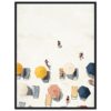 Elegante cartel de publicidad con sombrillas y turistas en la playa, vista aérea, diseño visual atractivo, estilo minimalista y moderno.