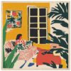 Tamaño y forma de la ventana con puerta y decoración de plantas en habitación moderna y colorida.