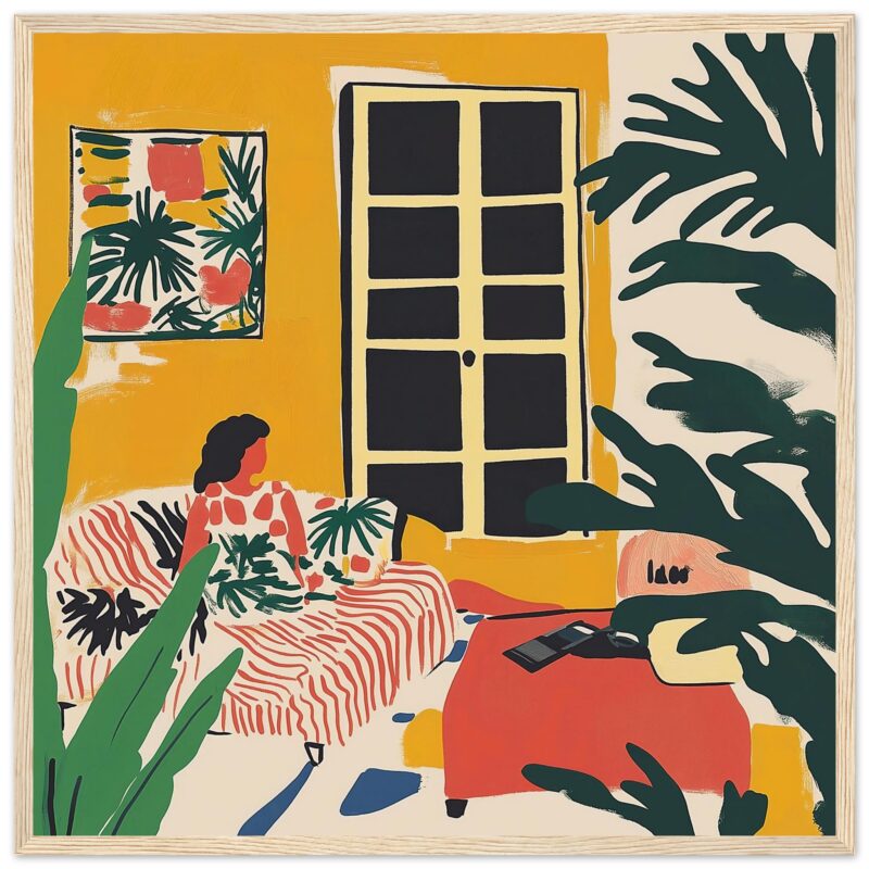 Tamaño y forma de la ventana con puerta y decoración de plantas en habitación moderna y colorida.